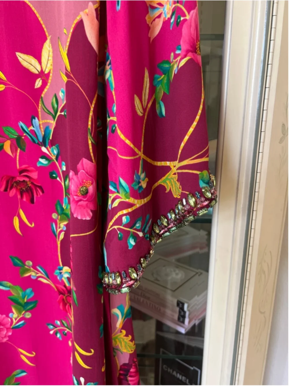 NWT LA FUORI Fuchsia Pink Floral Silk Kaftan M